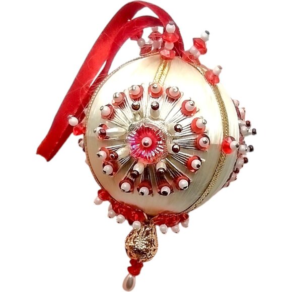 Vintage Beaded Push Pin Ornament Red Jewel White Satin Gold Silver Pearl 4" MCM - Picture 8 of 8